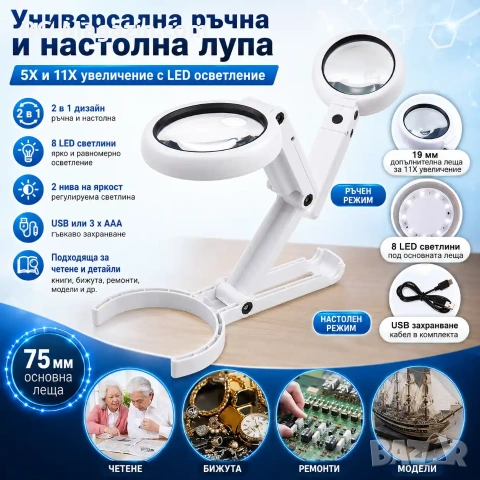 Мощна увеличителна ръчна и настолна лупа с LED осветление лампа стъклена за четене деца насекоми