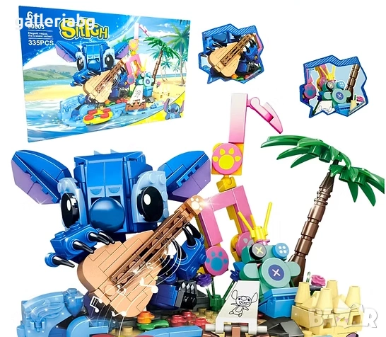 Детски конструктор със Стич 335 части – остров с китара, палма и декор Stitch