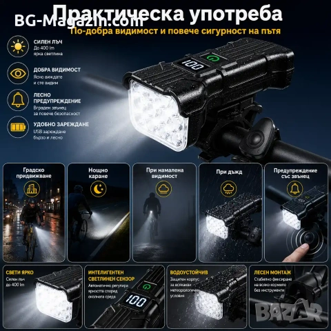 Мощен LED фар за велосипед тротинетка 2 в 1 със силен звънец и дигитален дисплей, снимка 3 - Аксесоари за велосипеди - 55123818
