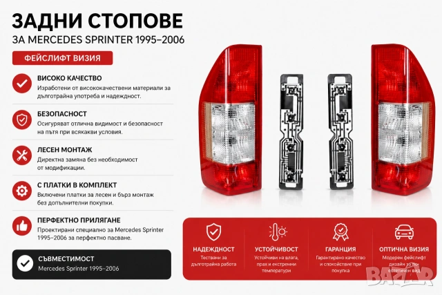 Стоп, стопове с платка за Mercedes-Benz Sprinter (1995-2005) кристални с фейслифт визия