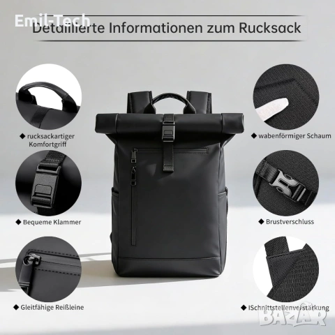 Водоустойчива Rolltop раница за лаптоп 16/17" – BJIAX, снимка 4 - Раници - 54874579