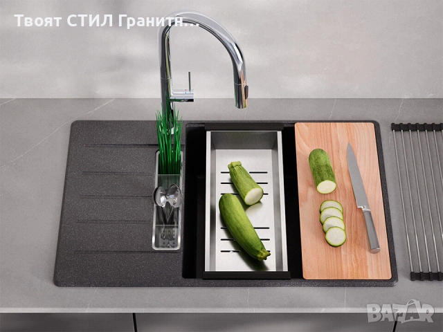 Графит  кухненска мивка от гранит Копенхаген 780x500 SmartSpace Top 60, снимка 3 - Мивки - 54463614