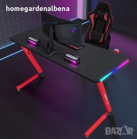 Геймърско бюро 140x60x75 см, RGB LED осветление, карбонов плот, поставка за напитки и слушалки, снимка 7 - Бюра - 54687181
