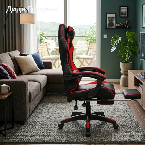 Удобен геймърски стол с поставка за крака и масажна лумбална възглавница, Черно-червен, снимка 2 - Столове - 54211229