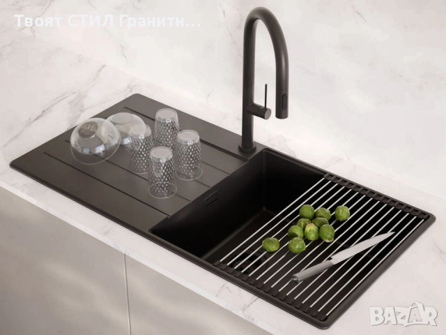 Черна кухненска мивка от гранит Копенхаген 1000x500 Top 60, снимка 7 - Мивки - 55123786
