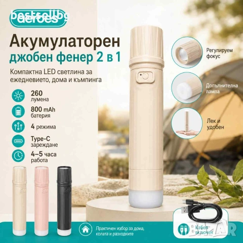 Акумулаторно LED фенерче Aerbes 260 лумена USB Type-C 800mAh с COB лампа и фокус, снимка 9 - Къмпинг осветление - 55154530