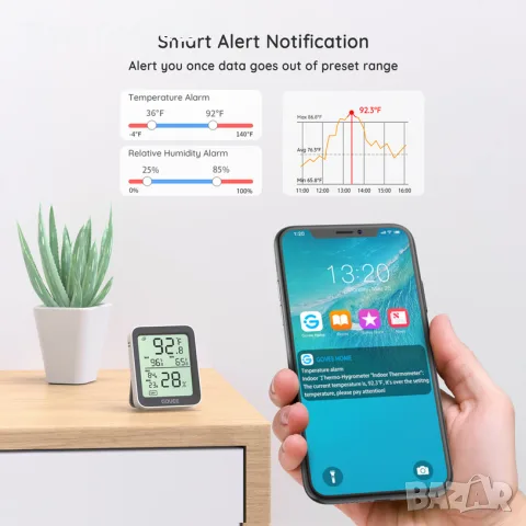 Govee H5075 Bluetooth термометър и хигрометър с LCD дисплей и приложение Govee Home, снимка 3 - Друга електроника - 55587226