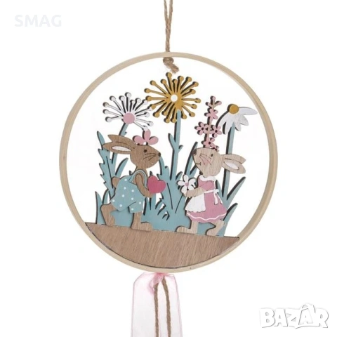 Великденска дървена висяща декорация, кръгла, с зайчета, цветя и розова панделка, 80 см_1247740