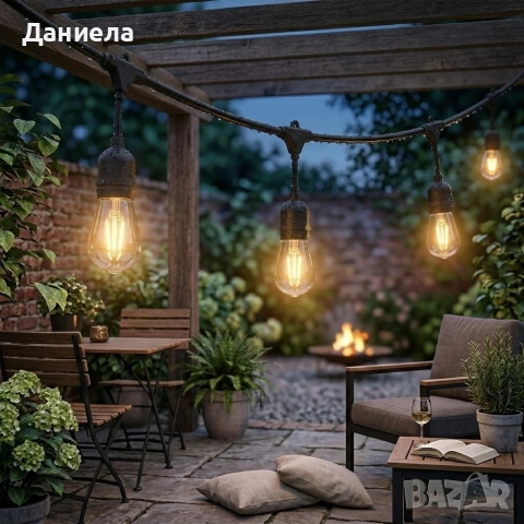 Градинска LED гирлянда 10 м с 10 фасунги E27 и EU щепсел – за двор, тераса и градина (без крушки)