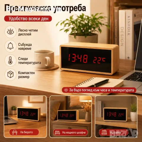 Декоративен LED настолен часовник дървен с термометър светещ в тъмното на ток електронен дигитален, снимка 6 - Други - 51039030