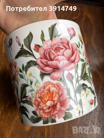 Керамична кашпа / саксия, флорална - божури, солидна изработка, НОВА, снимка 2 - Саксии и кашпи - 54511415