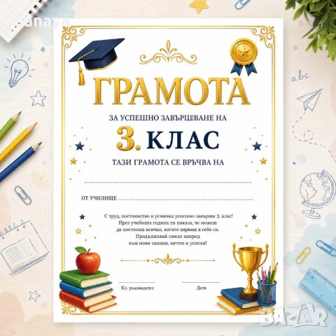 6713 Ученическа грамота за завършване на 3 клас, формат А4, снимка 2 - Ученически пособия, канцеларски материали - 54576375
