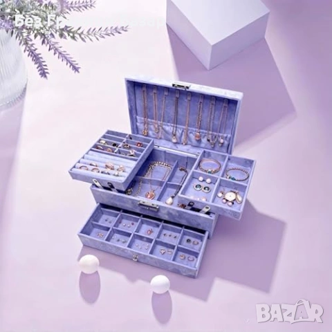 Нов Органайзер Кутия за бижута 3 нива с чекмеджета кадифе лилава голям капацитет, снимка 8 - Други стоки за дома - 54058794