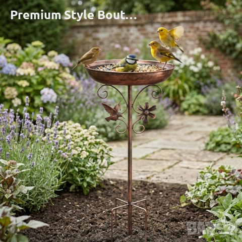 Метална градинска поилка и хранилка за птици 2-в-1 с декоративни елементи и стабилна основа