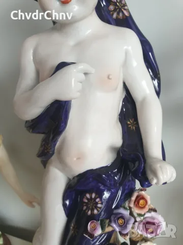 Meissen фигура 49см-2,4кг/еротика/Майсен порцеланова статуетка на момиче с цветя и бухал, снимка 7 - Статуетки - 55606482