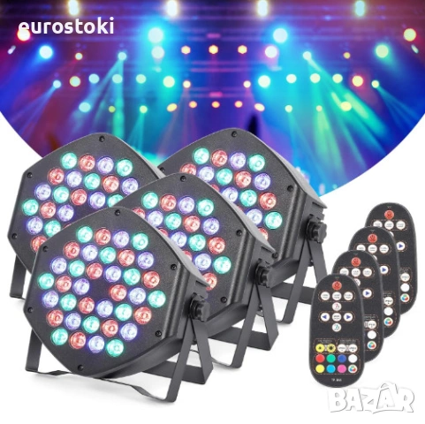 Акумулаторни RGB диско светлини Litake, комплект от 4 LED прожектора, безжчини сценични светлини