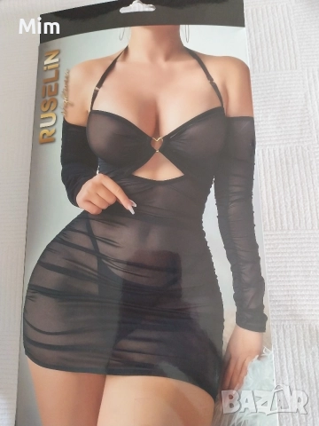 L/XL Черна прозрачна,еластична рокля с ръкавици и прашка , снимка 3 - Бельо - 55423241