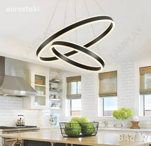 Луксозен LED полилей LAMPLAY, модерна LED висяща лампа 65W, голяма таванна лампа с 2 черни пръстена , снимка 6 - Лампи за таван - 54978071