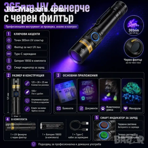 Мощен UV фенер 365nm презареждаем ултравиолетов фенер с черен филтър и Type-C, снимка 8 - Други инструменти - 55123770
