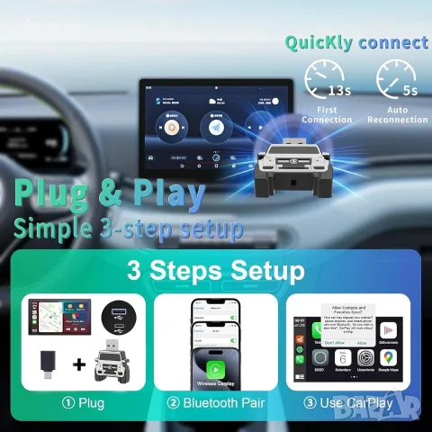Безжичен CarPlay адаптер за iPhone - Преобразуване от кабелен в безжичен, Plug & Play, снимка 5 - Аксесоари и консумативи - 55510807