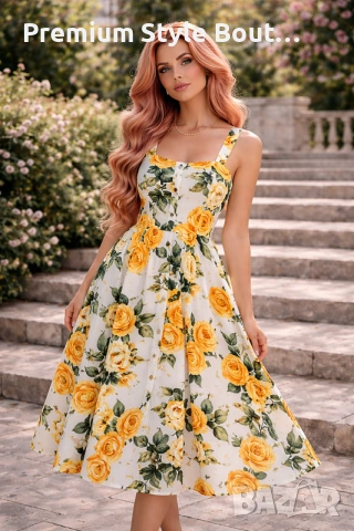 Дамска миди рокля с жълти рози D&G – ретро елегантен флорален модел