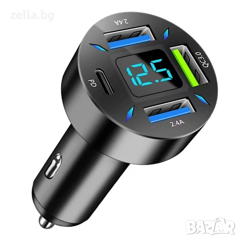 Универсално зарядно за кола с 4 USB порта + Type-C PD & QC 3.0 и дигитален волтметър, 12-24V 10009
