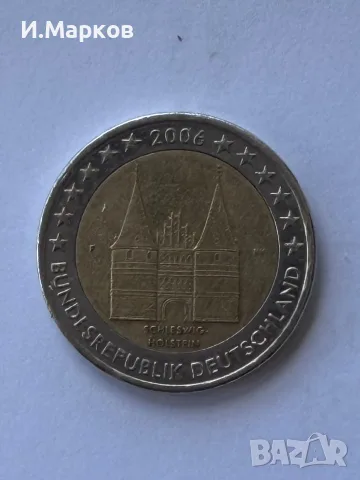 Възпоменателната монета от 2 евро от 2006 г. (Германия – „Schleswig-Holstein“ с портата Холстентор), снимка 2 - Нумизматика и бонистика - 55528681