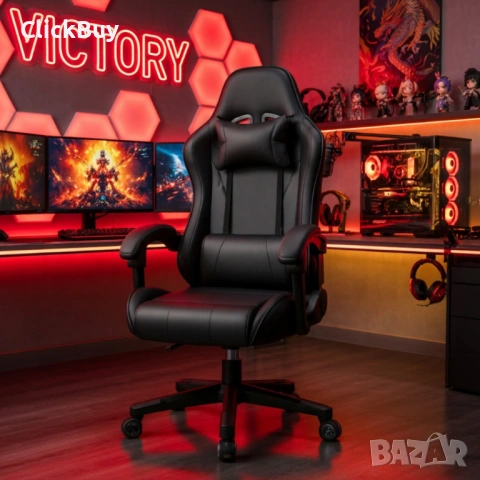 Ергономичен офис и геймърски черен стол – Максимален комфорт за гърба и врата, регулируем