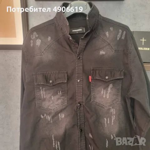 Ефектна дънкова риза Dsquared2 (Размер L) – Slim Fit / Протрит ефект / Като нова!, снимка 5 - Ризи - 55542032