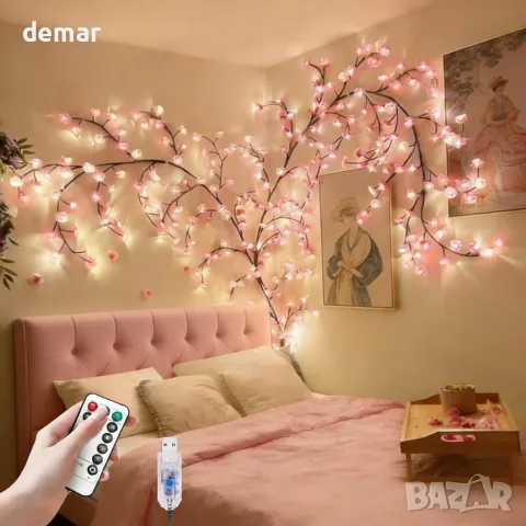 LED лампи за стена - клонки с черешов цвят, 8 режима, 144 LED, дистанционно, 2,3 м