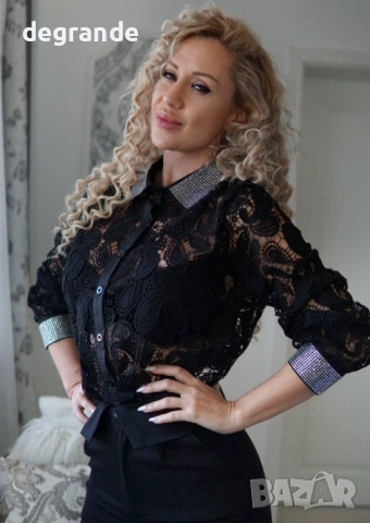 👚Ефектна Дамска Риза с Камъни на ръкавите и якичката , снимка 3 - Ризи - 54900143