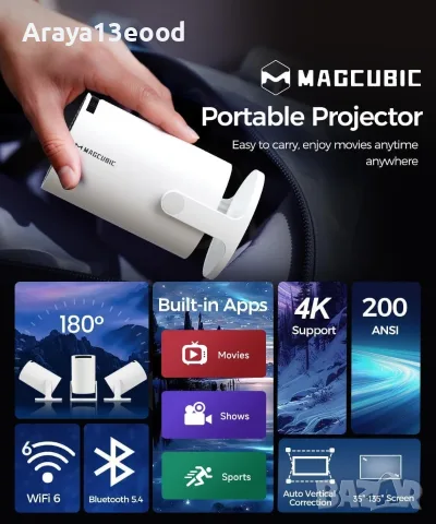 Мини проектор Magcubic HY300 с WiFi 6, Bluetooth 5.4, 4K поддръжка и 180° завъртане, снимка 3 - Плейъри, домашно кино, прожектори - 55702034