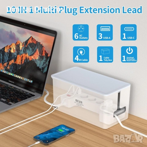 BEVA скрит удължител с кутия за кабели – 6 контакта + 3 USB-A + 1 USB-C, 3680W, 16A, 2м кабел, снимка 5 - Други - 55150349