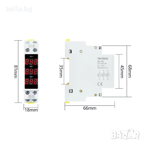Трифазен дигитален амперметър 1-100A за ел. табло – DIN шина 35mm, клас на точност AC 80-500V 10428, снимка 5 - Друга електроника - 54694661