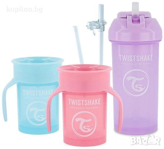 Комплект чаши за пиене Twistshake Baby Sippy Cup - 3 части | 2 x 360 чаши - 1 x чаша със сламка