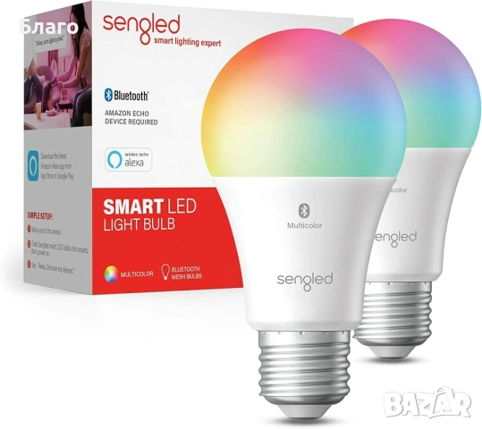 Sengled крушка, сменяща цветовете, съвместима с Alexa / Bluetooth Mesh,димируема LED - 1 + 1 подарък