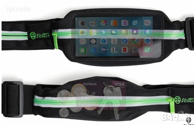 Спортен колан за бягане Alien Scout с 2 разтегателни джоба, светлоотразителна лента, до 6 инча, снимка 4 - Спортна екипировка - 54171431
