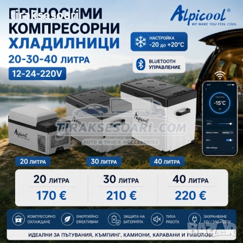 Преносими компресорни хладилници Alpicool C20 / C30 / C40 12V 24V 220V Bluetooth