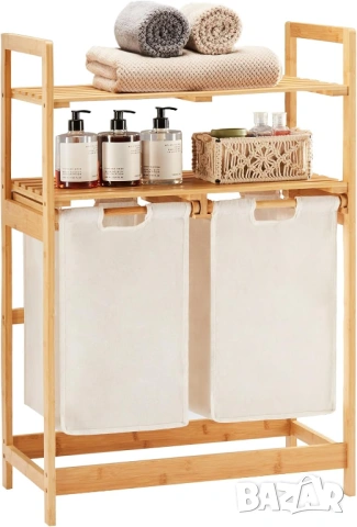 НОВ Бамбуков кош за пране с 2 рафта и 2 разтегателни торби