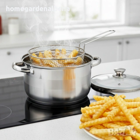 Тенджера с кошница за пържене и стъклен капак Cheffinger Ø24 см инокс 6.5 л индукция, снимка 3 - Съдове за готвене - 54165697