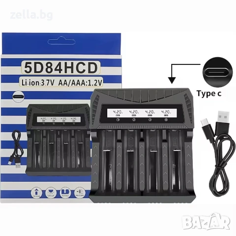 Универсално зарядно устройство за батерии 4 слота LCD – Li-ion Ni-MH AA AAA 26650 21700 USB-C 10446, снимка 14 - Друга електроника - 54703173
