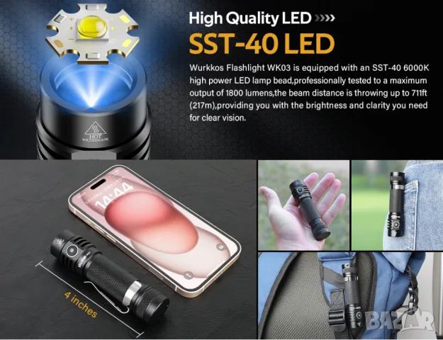 Мощно Тактическо Фенерче EDC Wurkkos WK03 1800LM Luminus SST40 LED IP68 18650 ATR TIR Оптика 90° Лъч, снимка 15 - Екипировка - 55296226