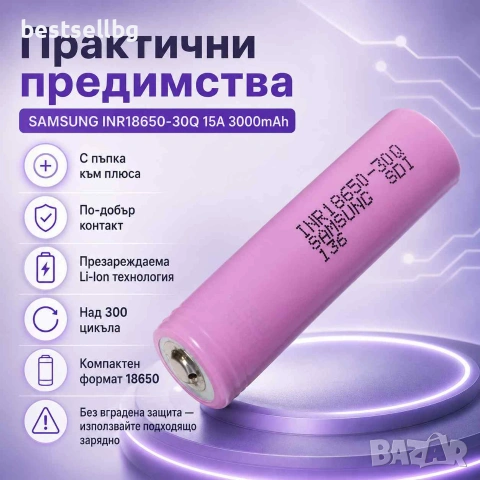 Мощна издръжлива батерия Samsung 18650 3000mAh 3.7V Li-Ion за челници, снимка 4 - Къмпинг осветление - 31561491