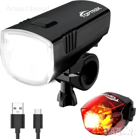 Toptrek USB акумулаторни светлини за велосипед – предна и задна, StVZO, 70 Lux, USB-C
