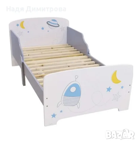 Детско легло Космос 140x70 см с ламелна основа – Бяло легло с пленети, звезди и ракета, снимка 5 - Спални и легла - 55671115
