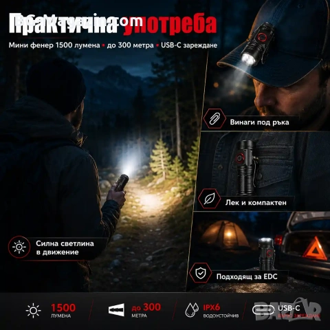 Мощен мини фенер LED акумулаторен 1500 лумена ръчен за лов риболов къмпинг палатка туризъм USB, снимка 4 - Къмпинг осветление - 53032275
