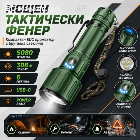 Мощен прожектор YEMAO 5080 лумена – Тактически акумулаторен фенер с Power Bank, снимка 9 - Къмпинг осветление - 55123717