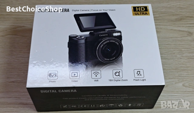 Цифрова камера 64MP 5K WiFi + широкоъгълен обектив + 2 батерии + 64GB мемори Пълна комплектация