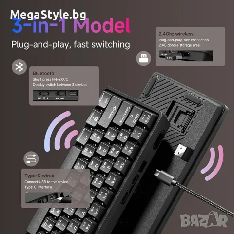 Геймърска клавиатура TMKB T63, 60% безжична механична клавиатура с Bluetooth/2.4G/Type-C, снимка 4 - Клавиатури и мишки - 55491637