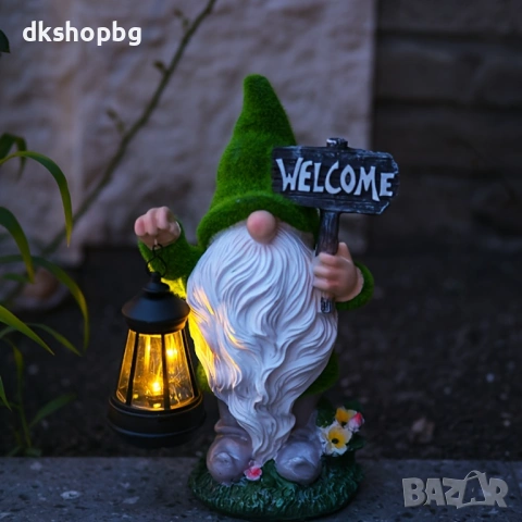5008 Декоративна градинска фигура "Джудже" със соларна LED лампа и надпис "Welcome", 25 см, снимка 3 - Други стоки за дома - 54631031